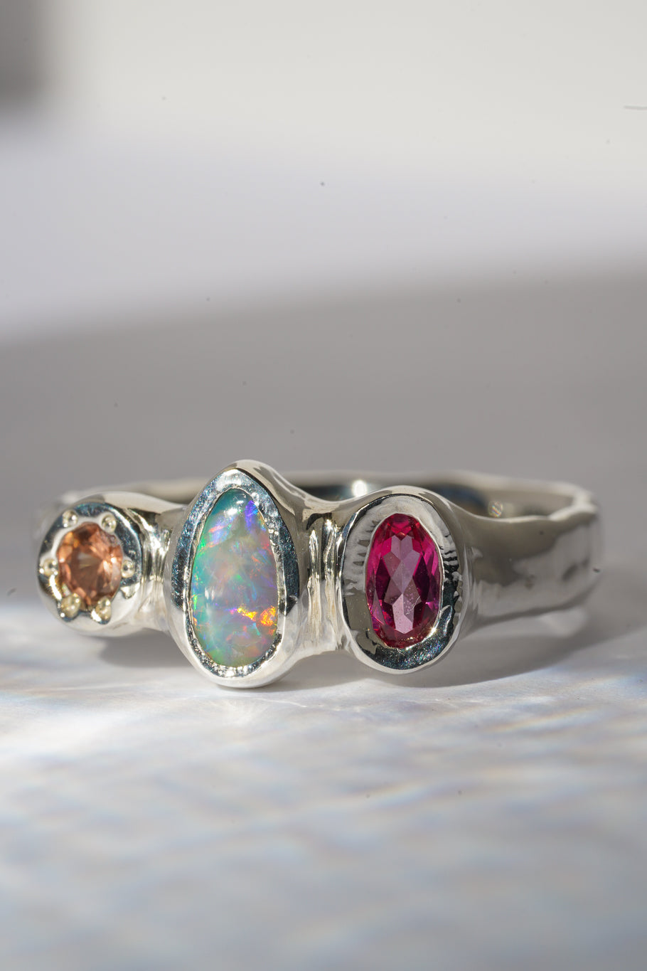 Opal, pink topaz & sapphire ring