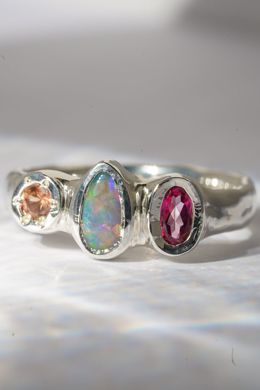 Opal, pink topaz & sapphire ring