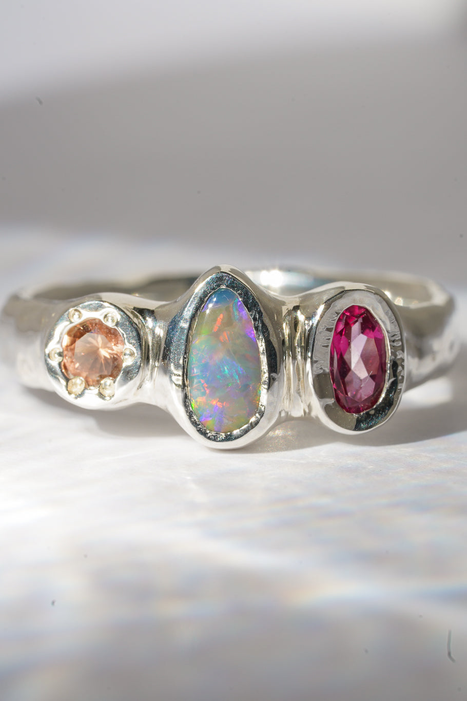 Opal, pink topaz & sapphire ring