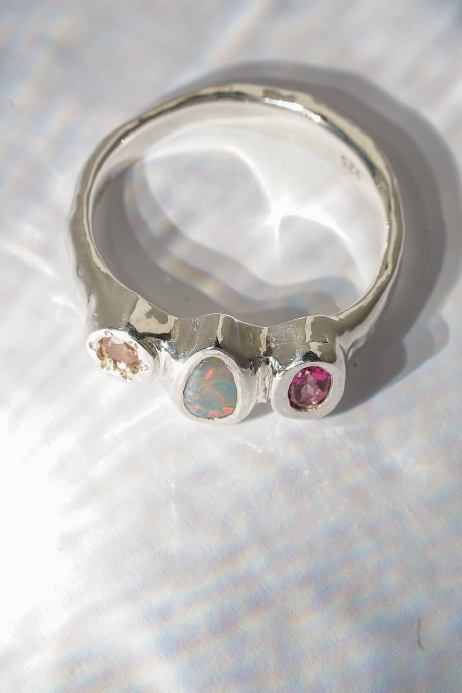 Opal, pink topaz & sapphire ring