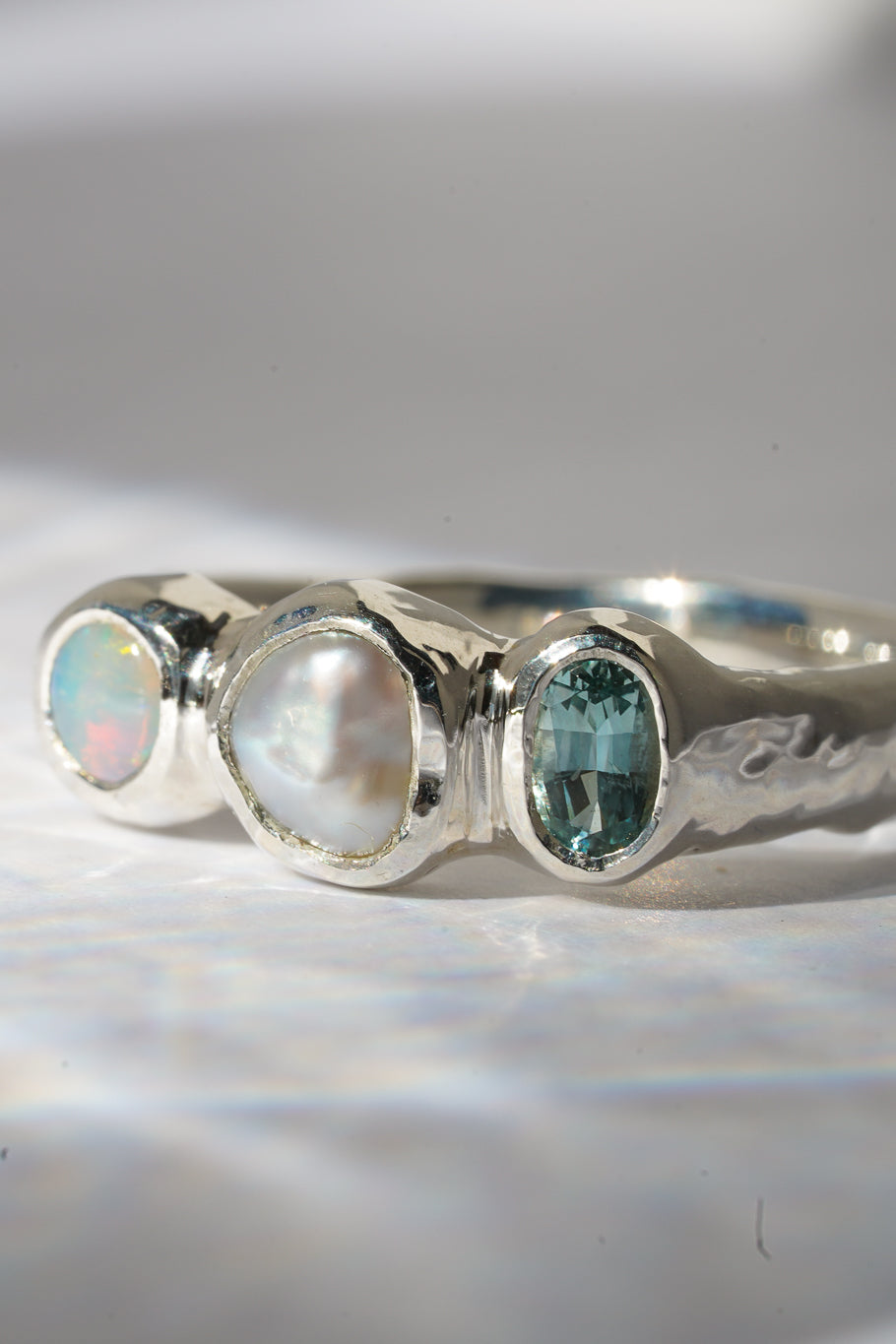 Aquamarine, pearl & crystal opal three stone ring