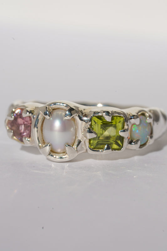 Tourmaline, peridot, opal & pearl ring band