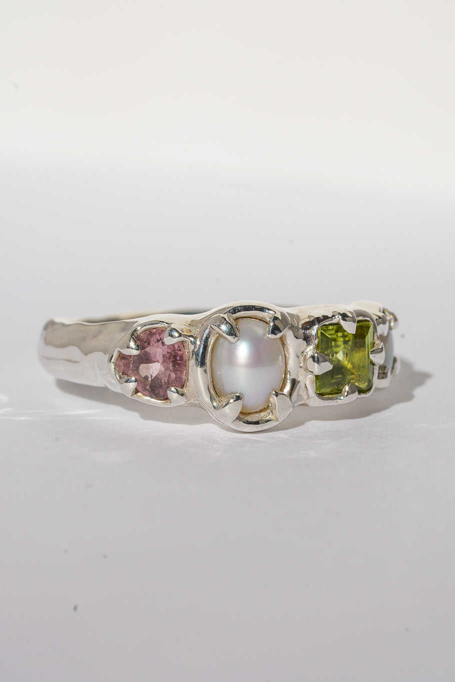 Tourmaline, peridot, opal & pearl ring band