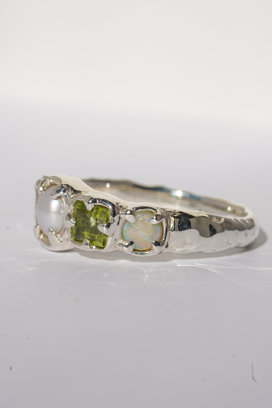 Tourmaline, peridot, opal & pearl ring band