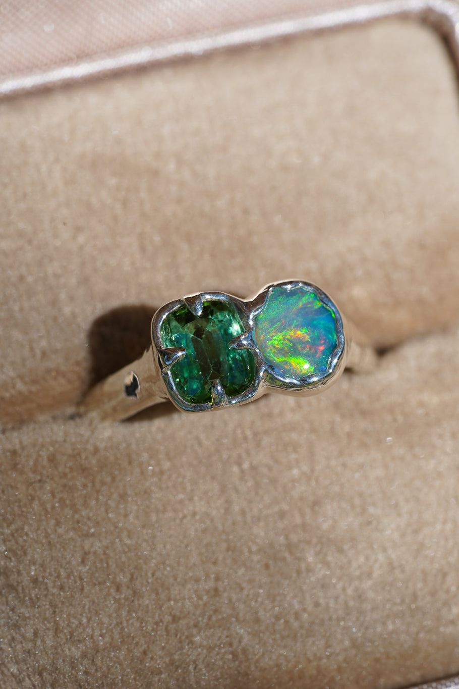Green tourmaline & opal ring
