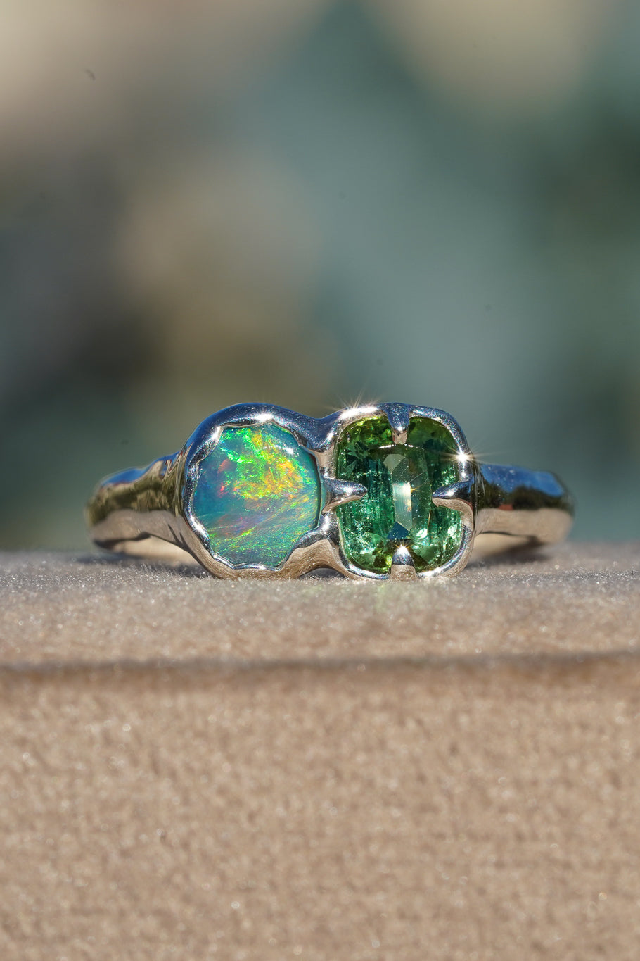 Green tourmaline & opal ring
