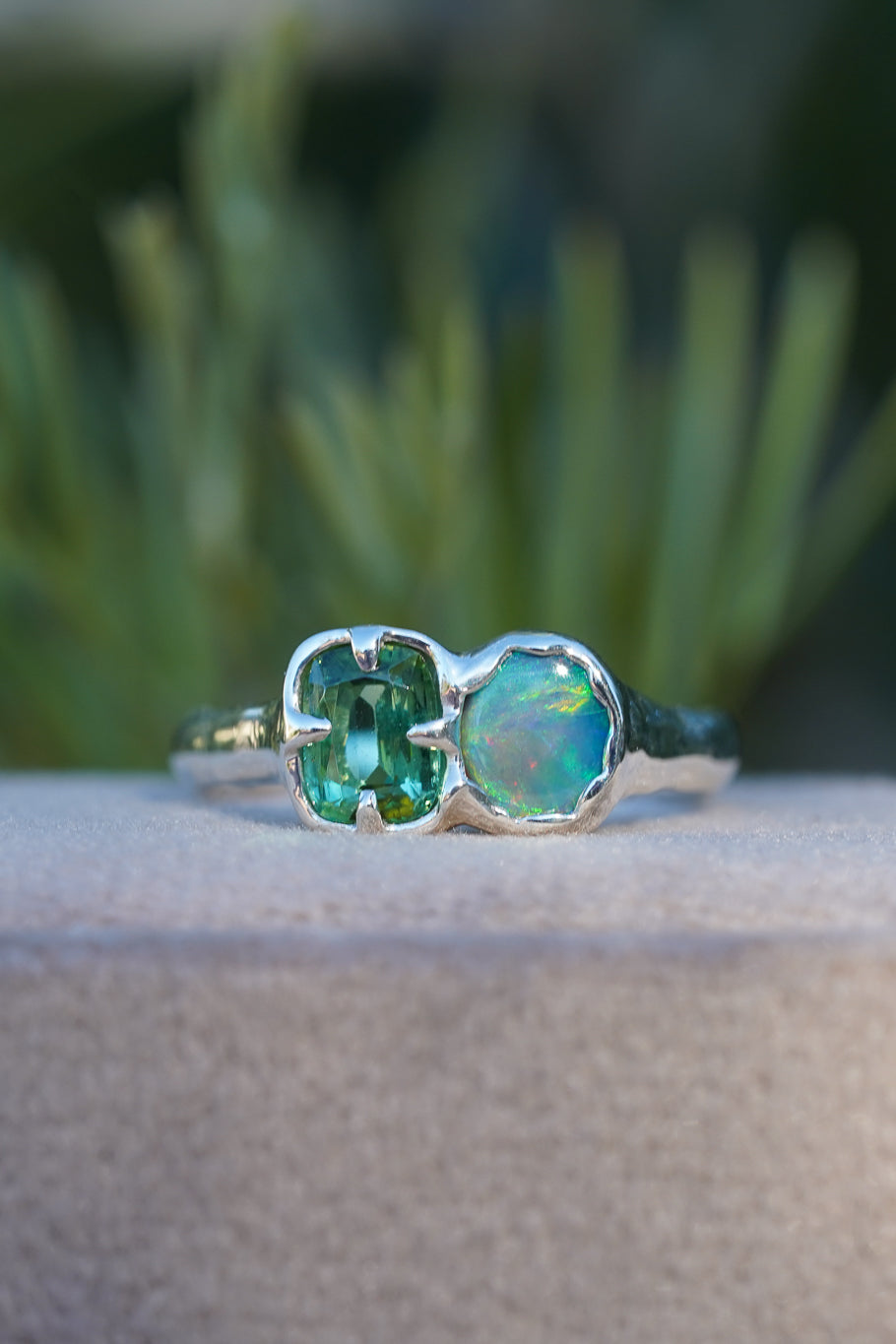 Green tourmaline & opal ring