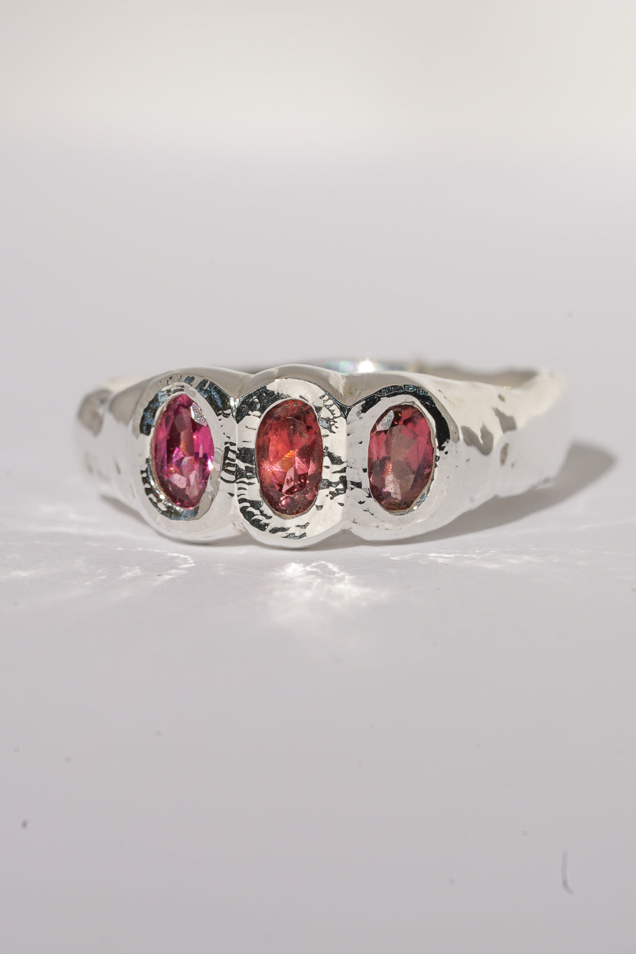 3 Stone pink tourmaline ring