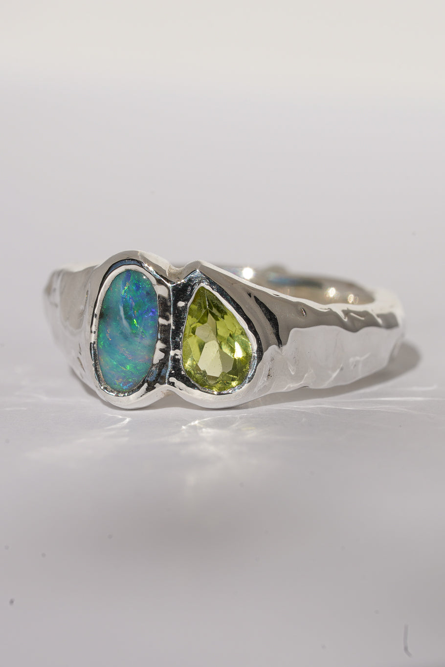 Boulder opal & peridot ring