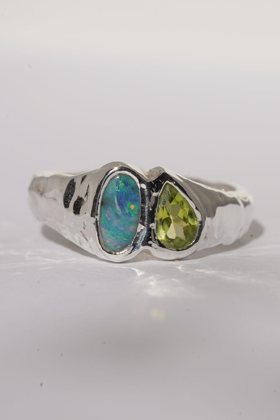 Boulder opal & peridot ring
