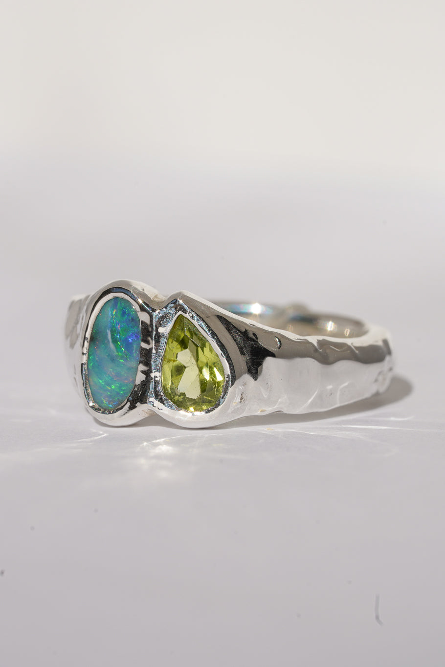 Boulder opal & peridot ring