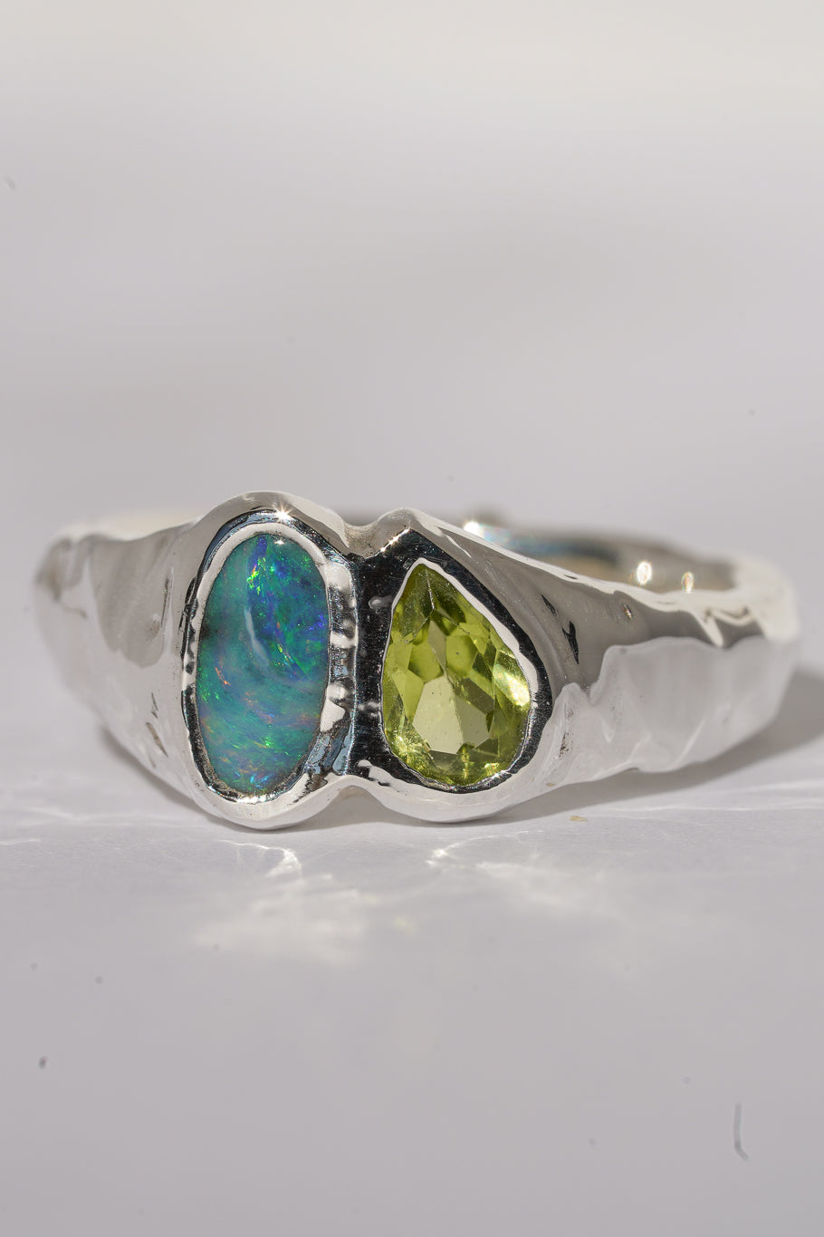 Boulder opal & peridot ring