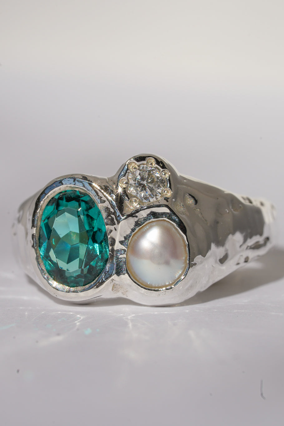 Teal nano-crystal & pearl ring