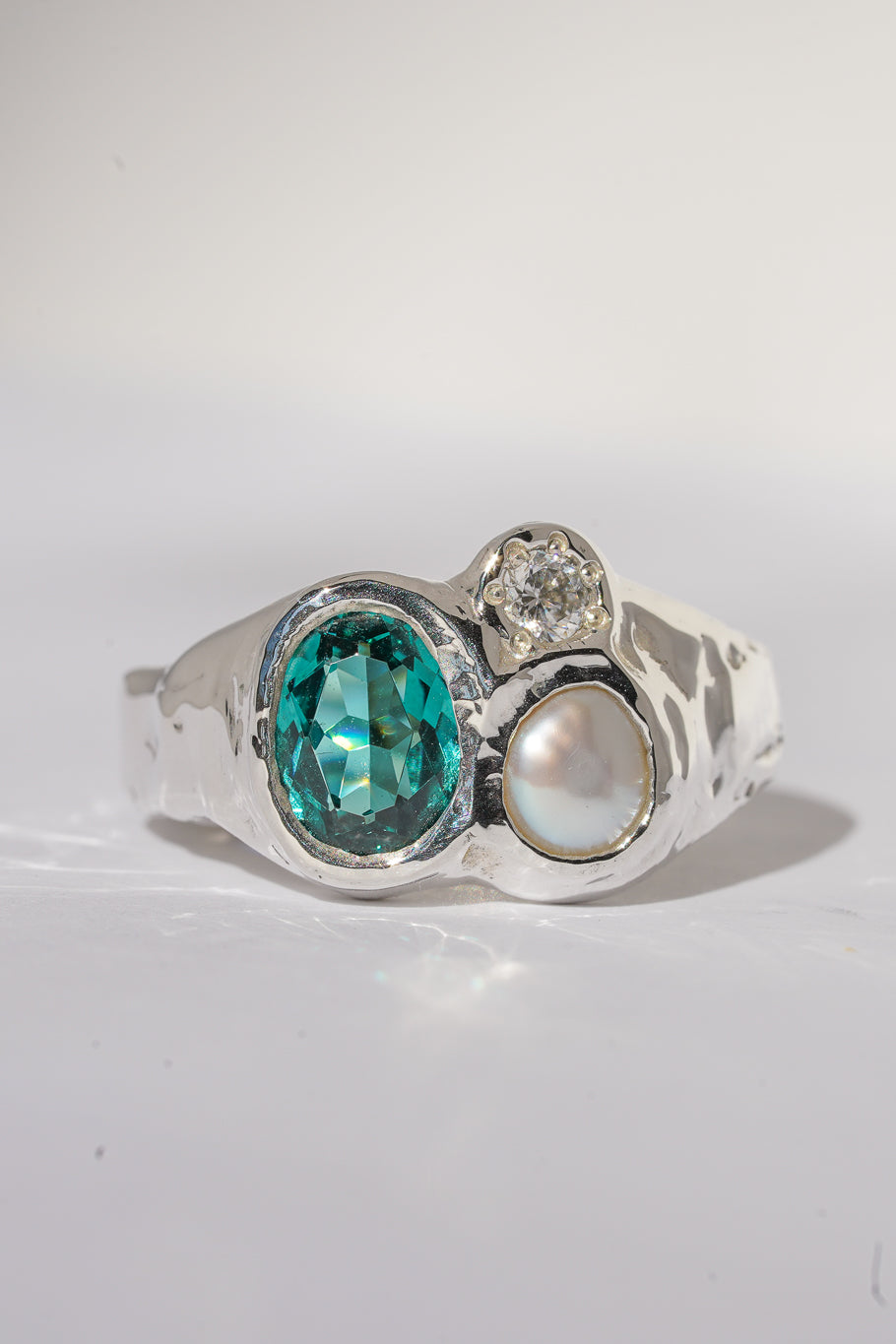 Teal nano-crystal & pearl ring