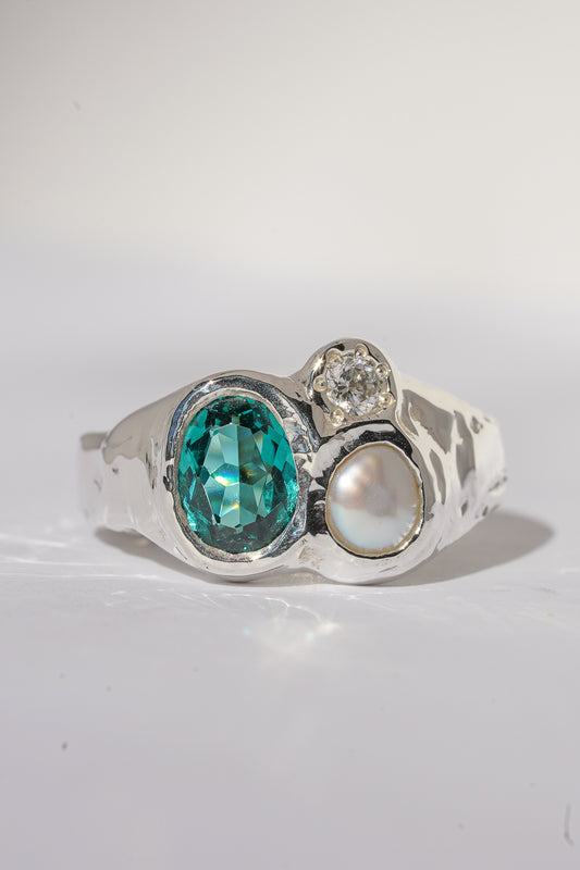 Teal nano-crystal & pearl ring