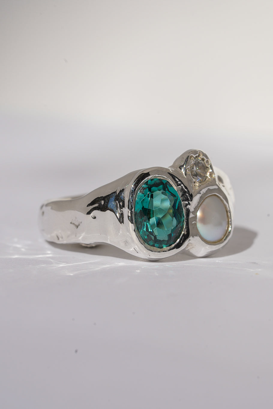 Teal nano-crystal & pearl ring