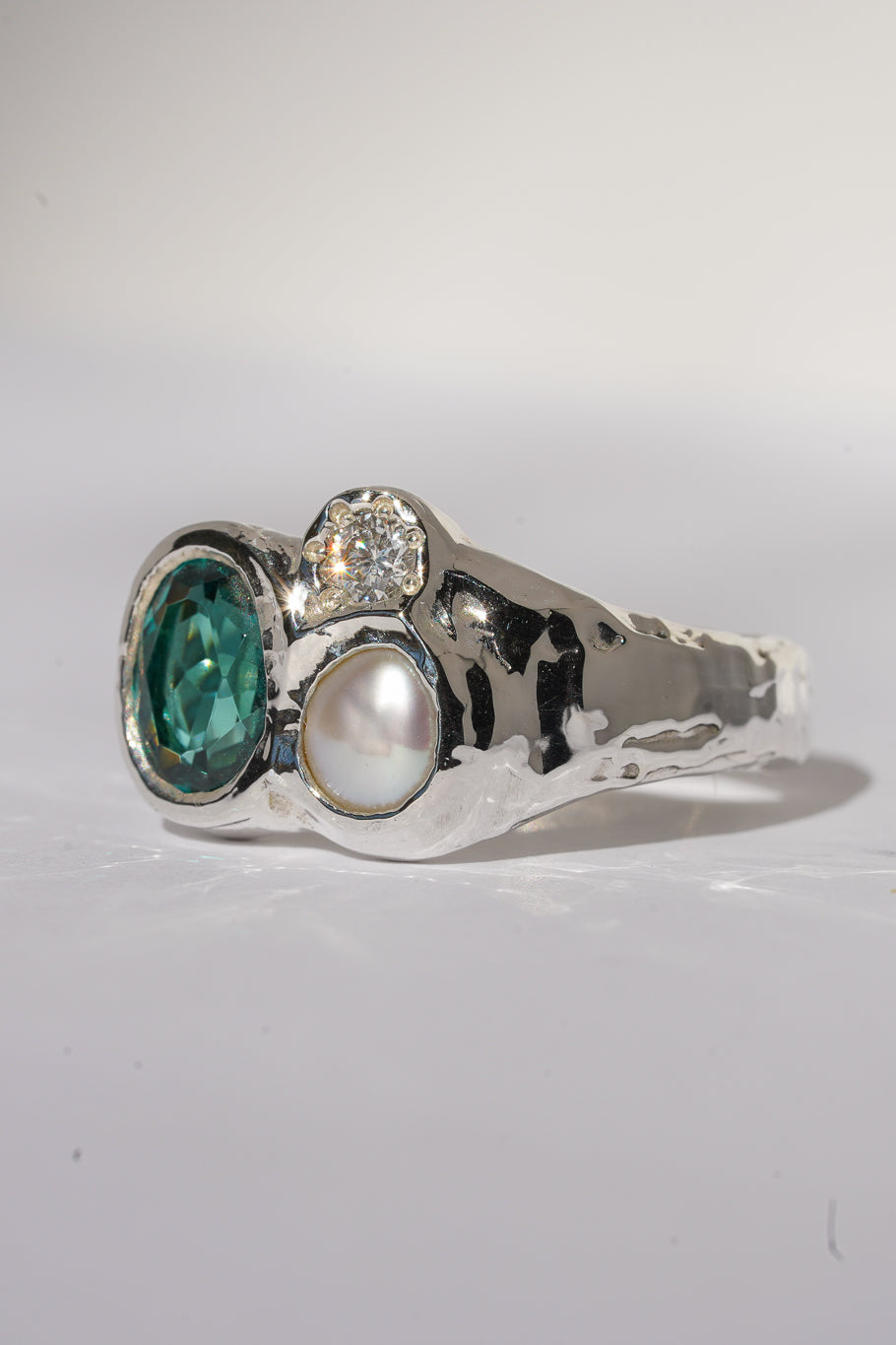 Teal nano-crystal & pearl ring