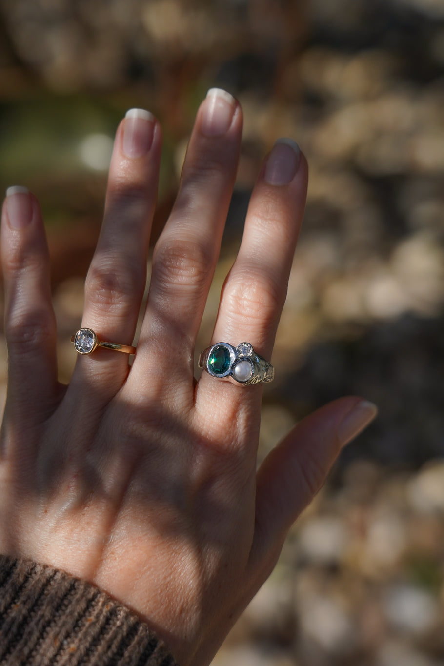 Teal nano-crystal & pearl ring