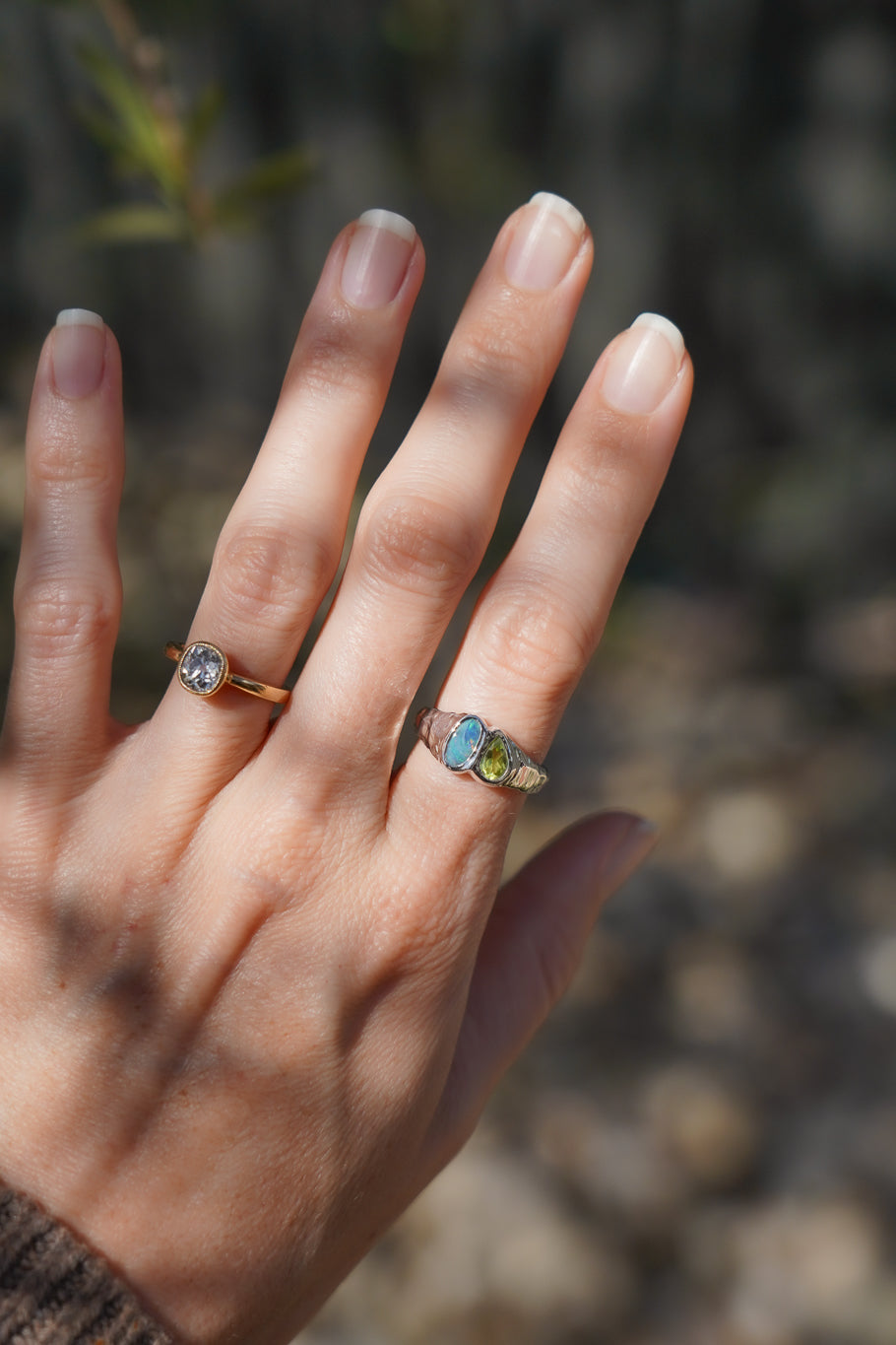 Boulder opal & peridot ring