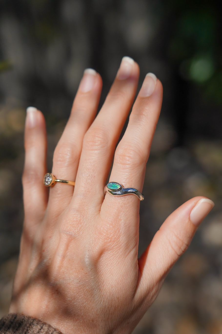 Bright green boulder opal wave ring