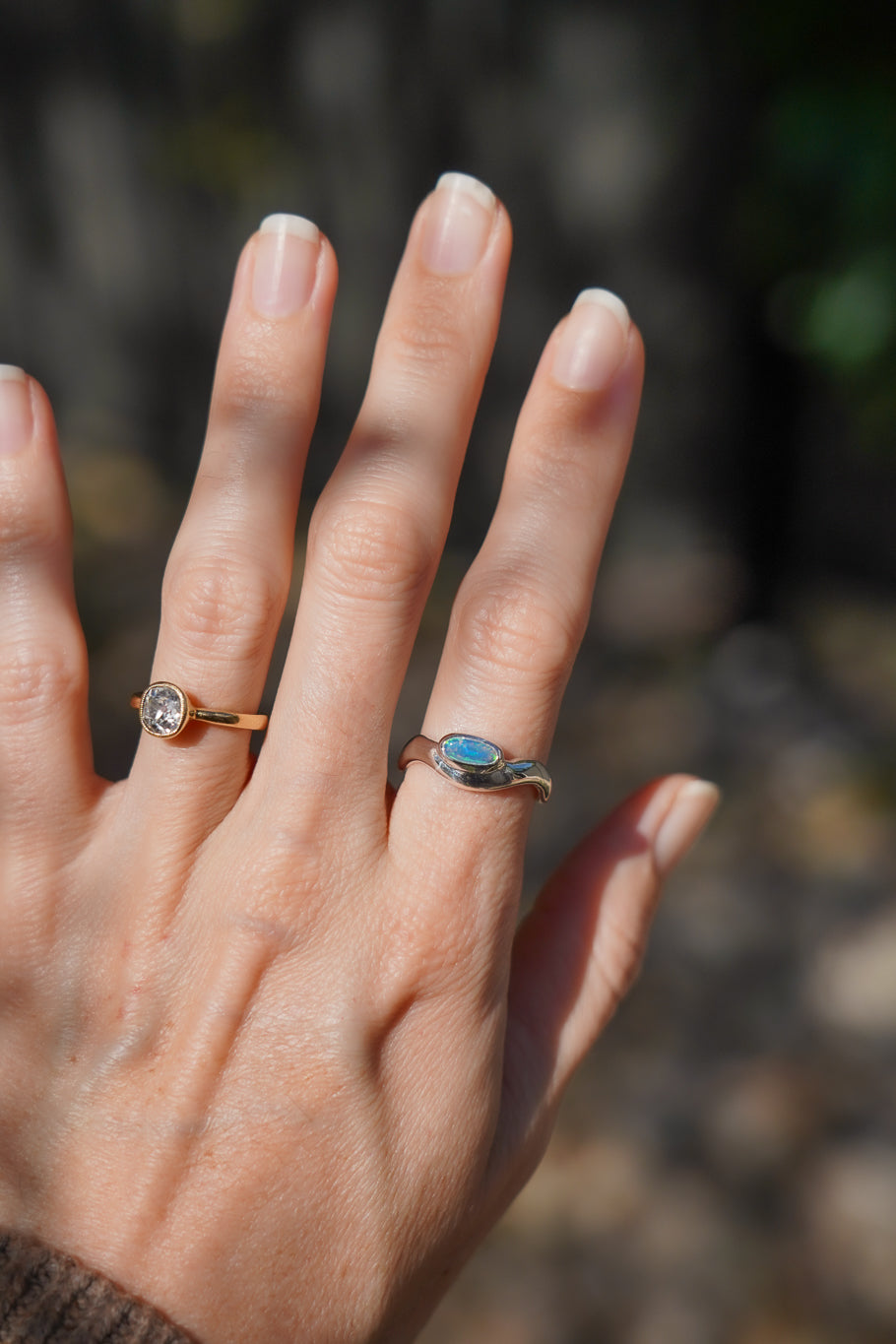 Bright green boulder opal wave ring