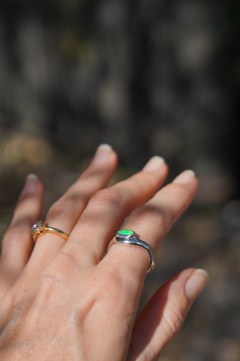 Bright green boulder opal wave ring