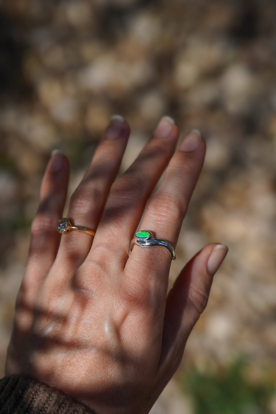 Bright green boulder opal wave ring