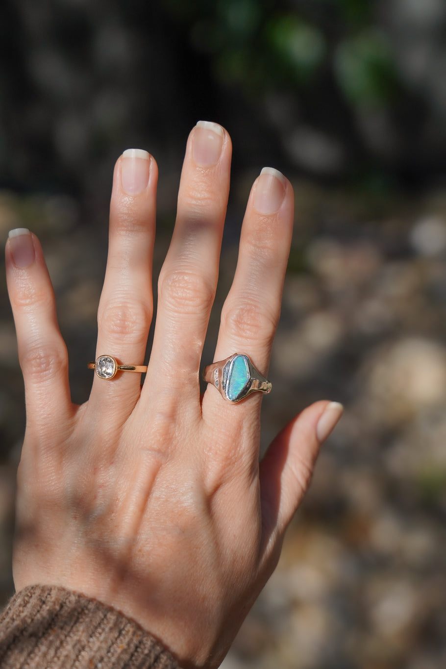 Bright blue boulder opal signet ring