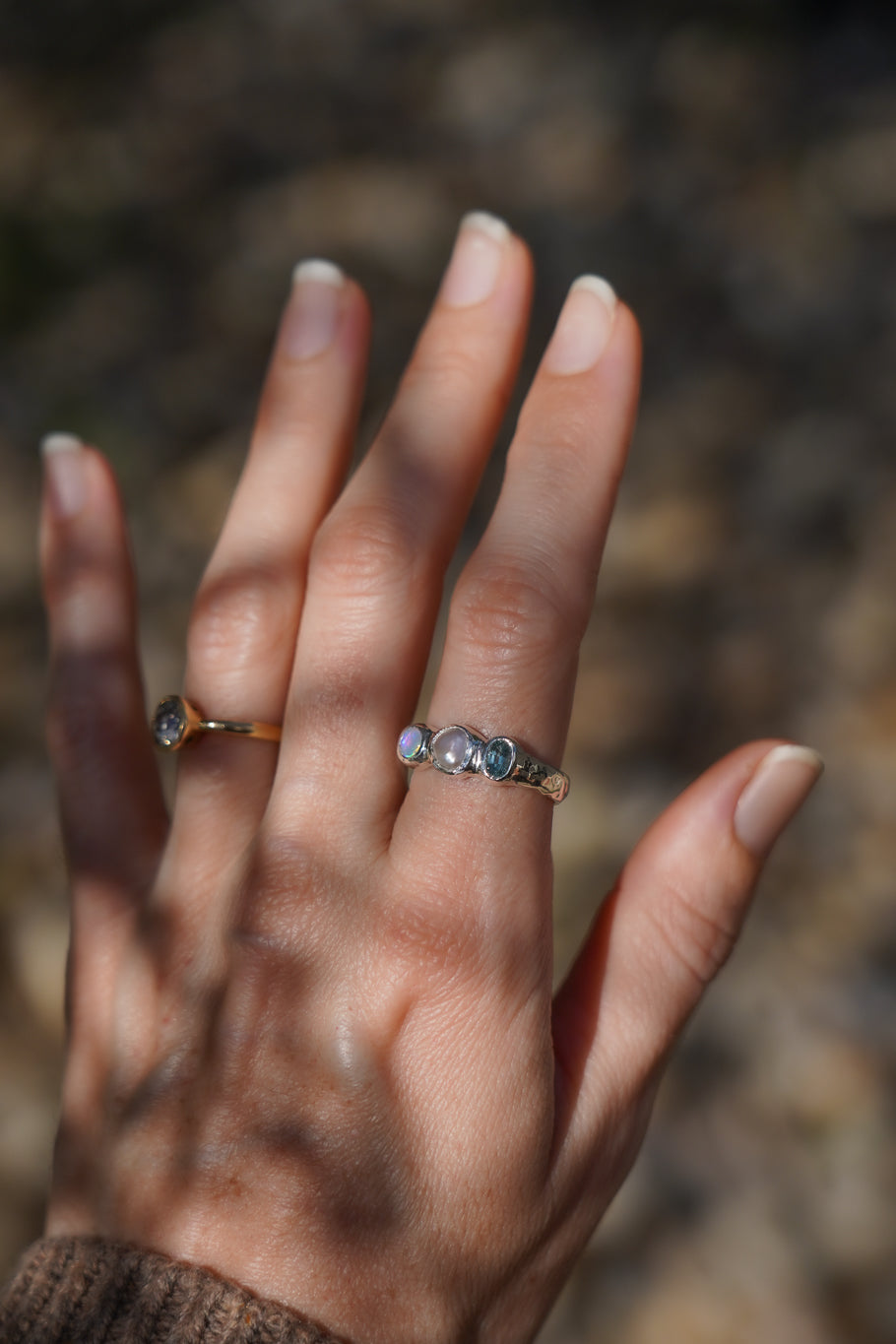 Aquamarine, pearl & crystal opal three stone ring