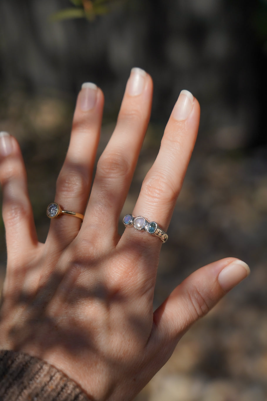 Aquamarine, pearl & crystal opal three stone ring
