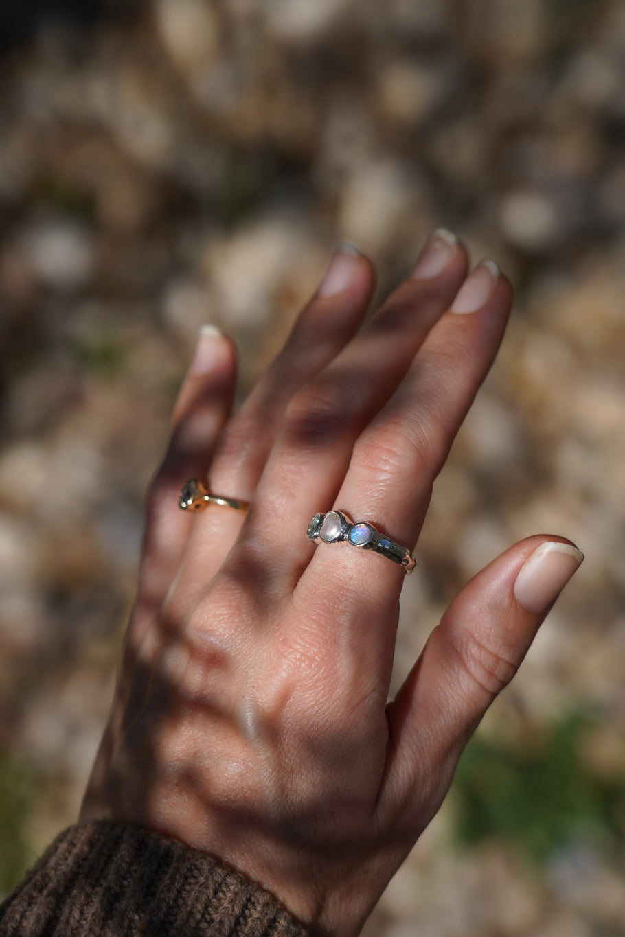 Aquamarine, pearl & crystal opal three stone ring