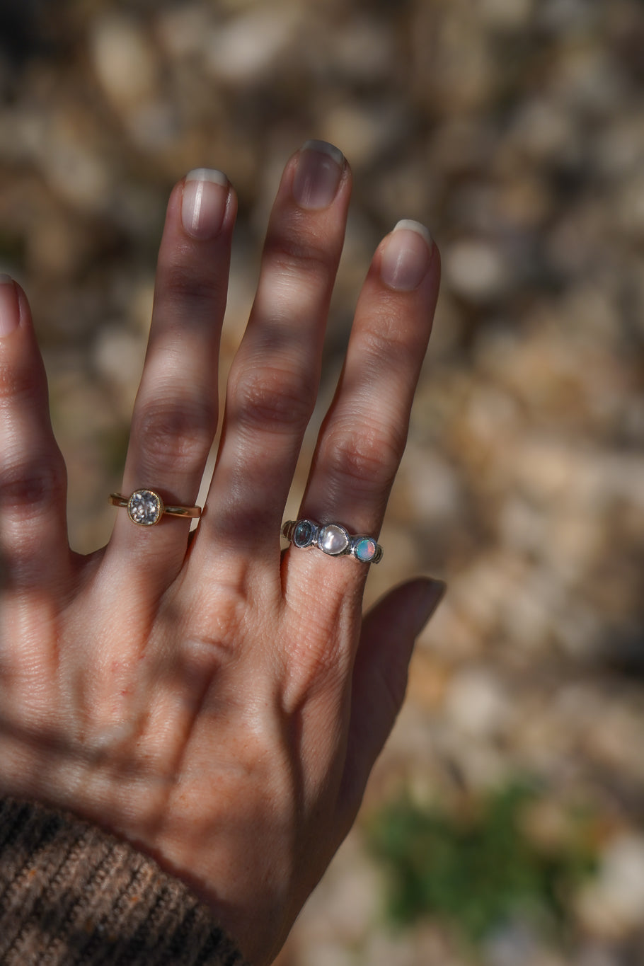 Aquamarine, pearl & crystal opal three stone ring