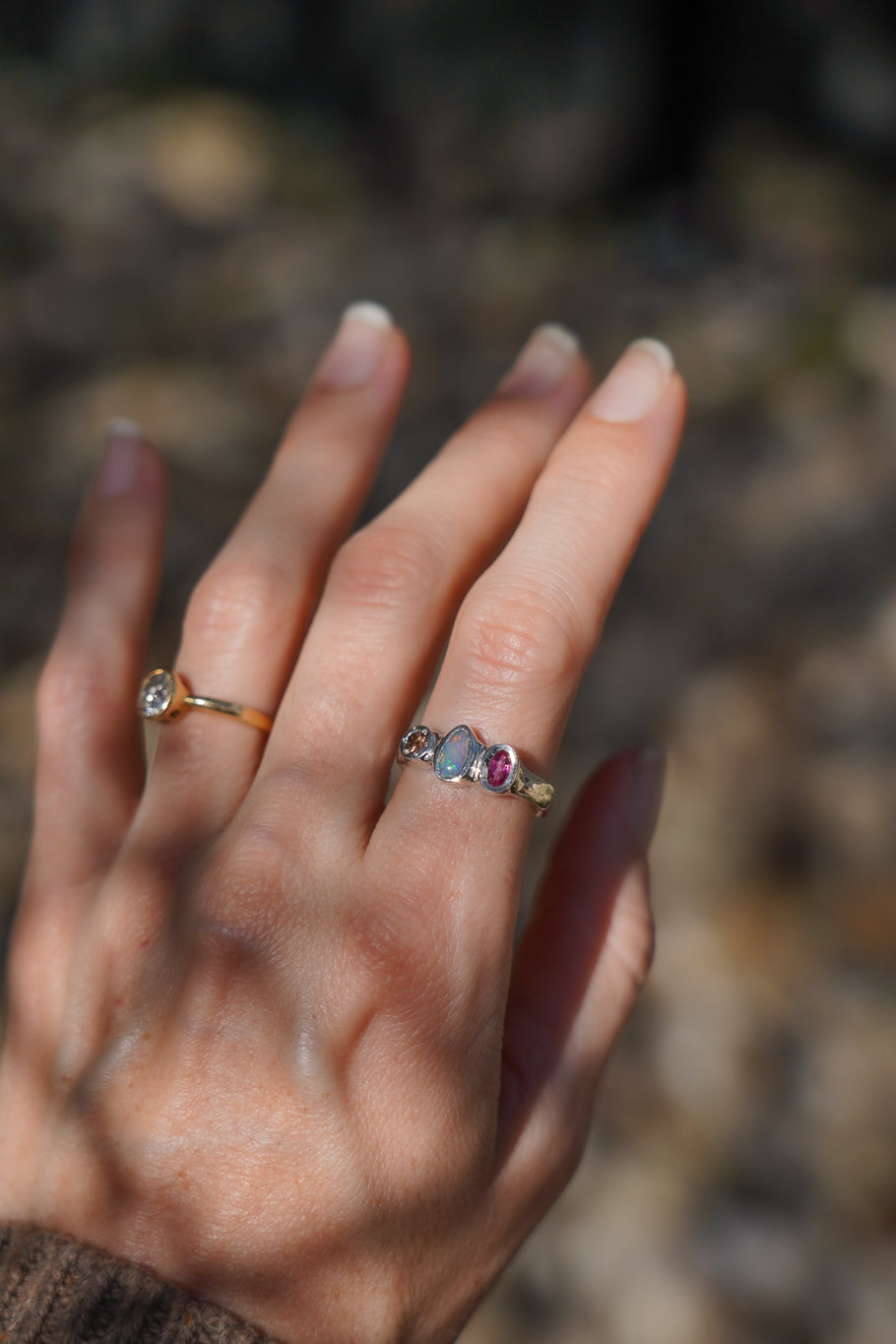 Opal, pink topaz & sapphire ring