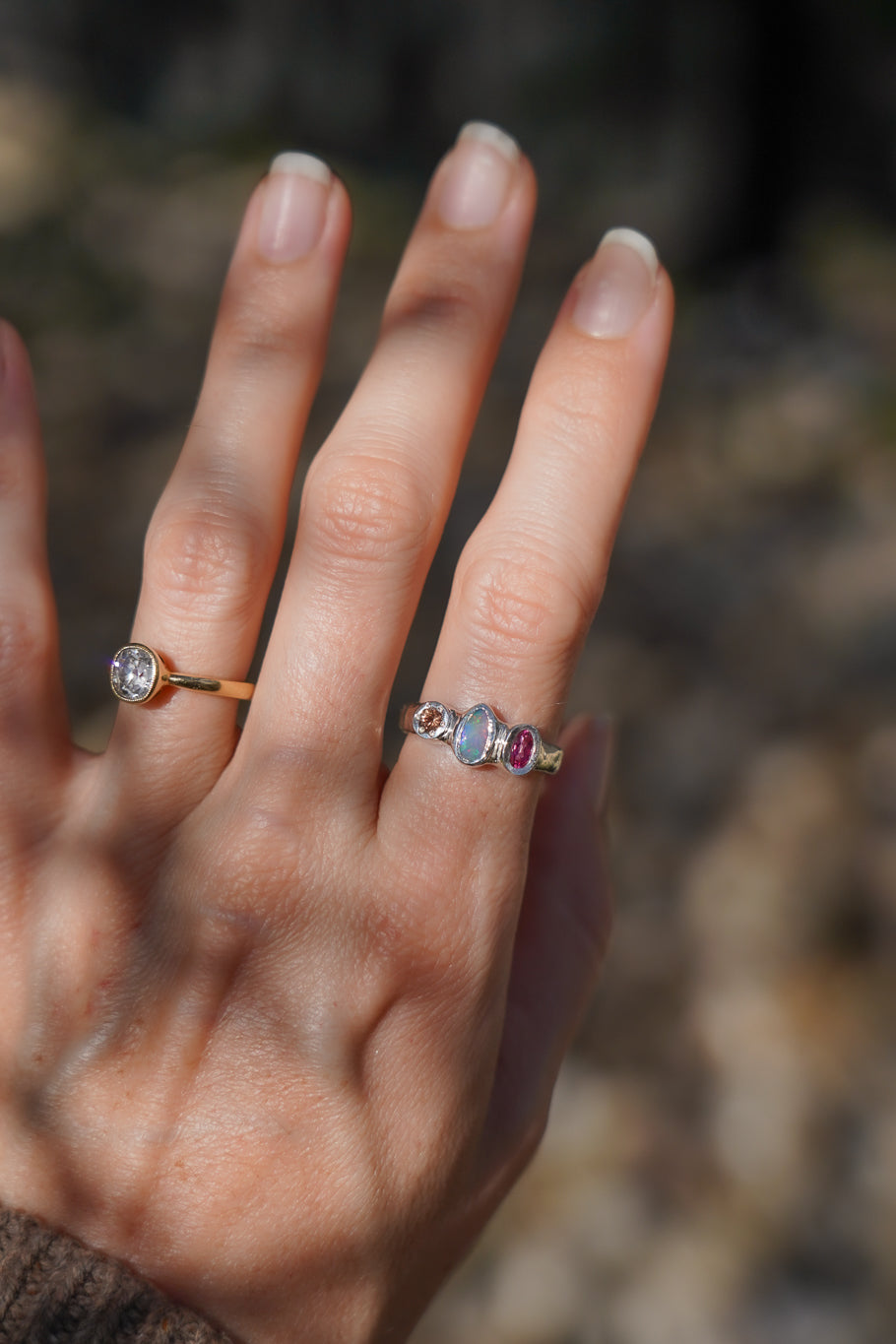 Opal, pink topaz & sapphire ring