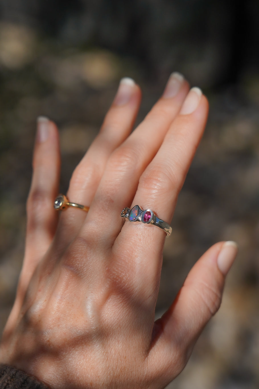 Opal, pink topaz & sapphire ring