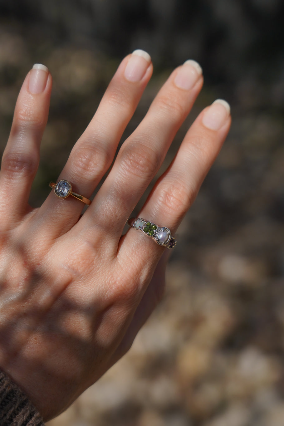 Tourmaline, peridot, opal & pearl ring band