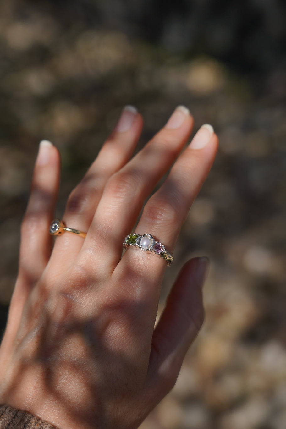 Tourmaline, peridot, opal & pearl ring band
