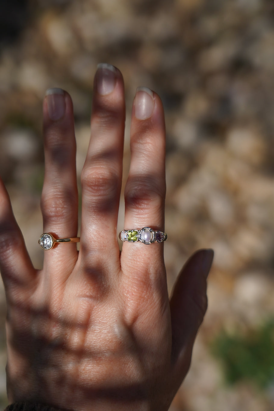 Tourmaline, peridot, opal & pearl ring band
