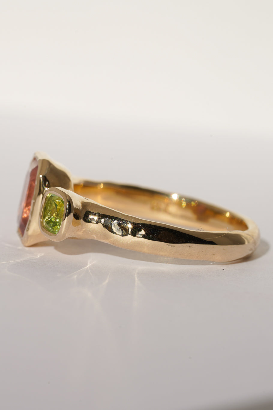 Solid gold pink & green tourmaline trilogy ring