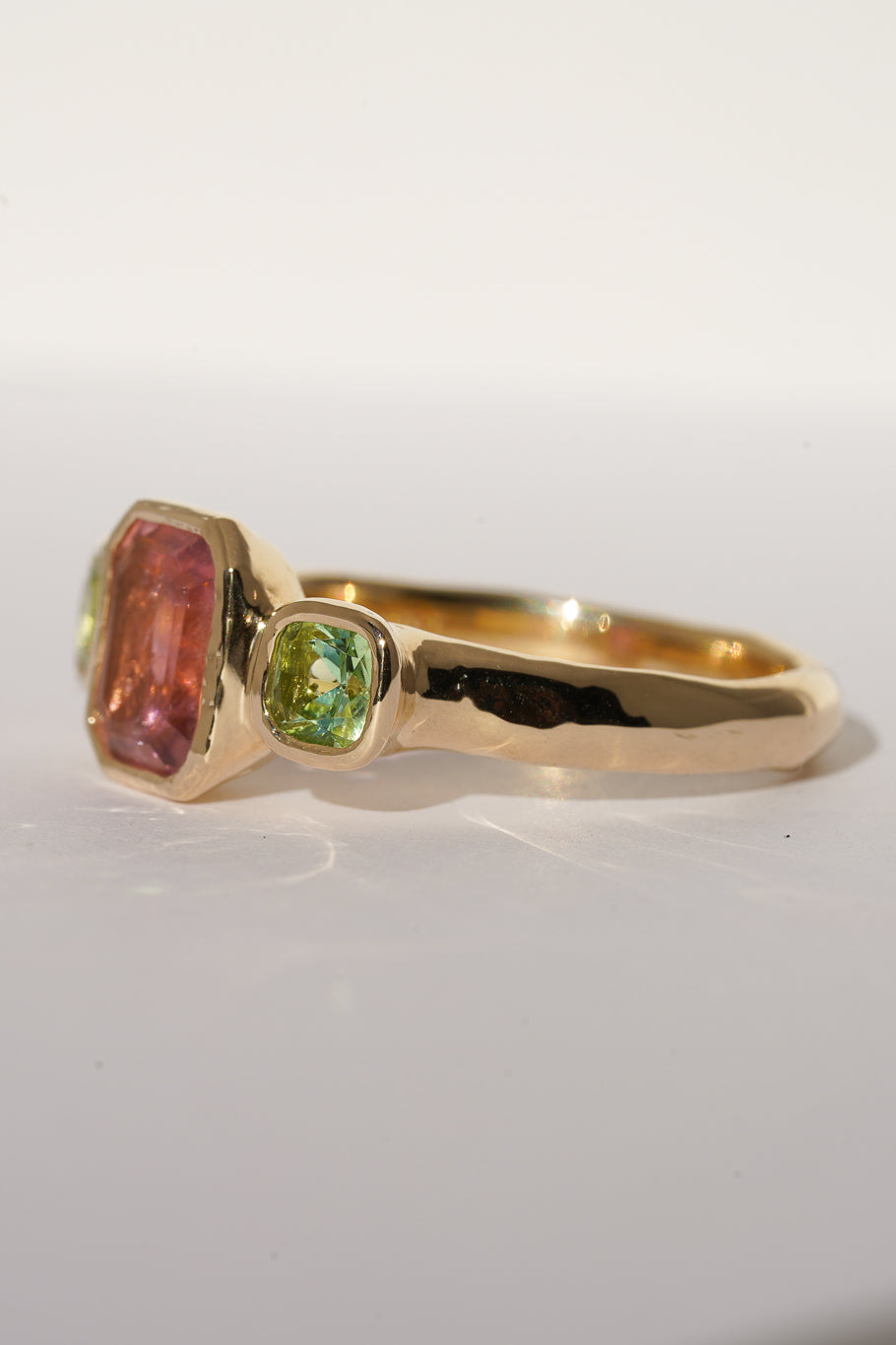 Solid gold pink & green tourmaline trilogy ring
