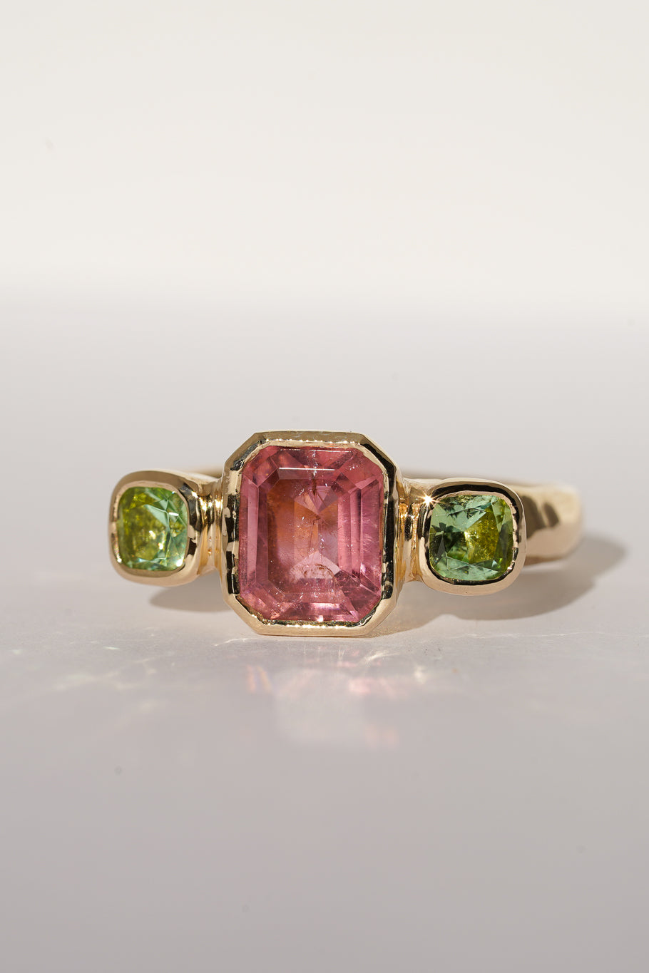 Solid gold pink & green tourmaline trilogy ring