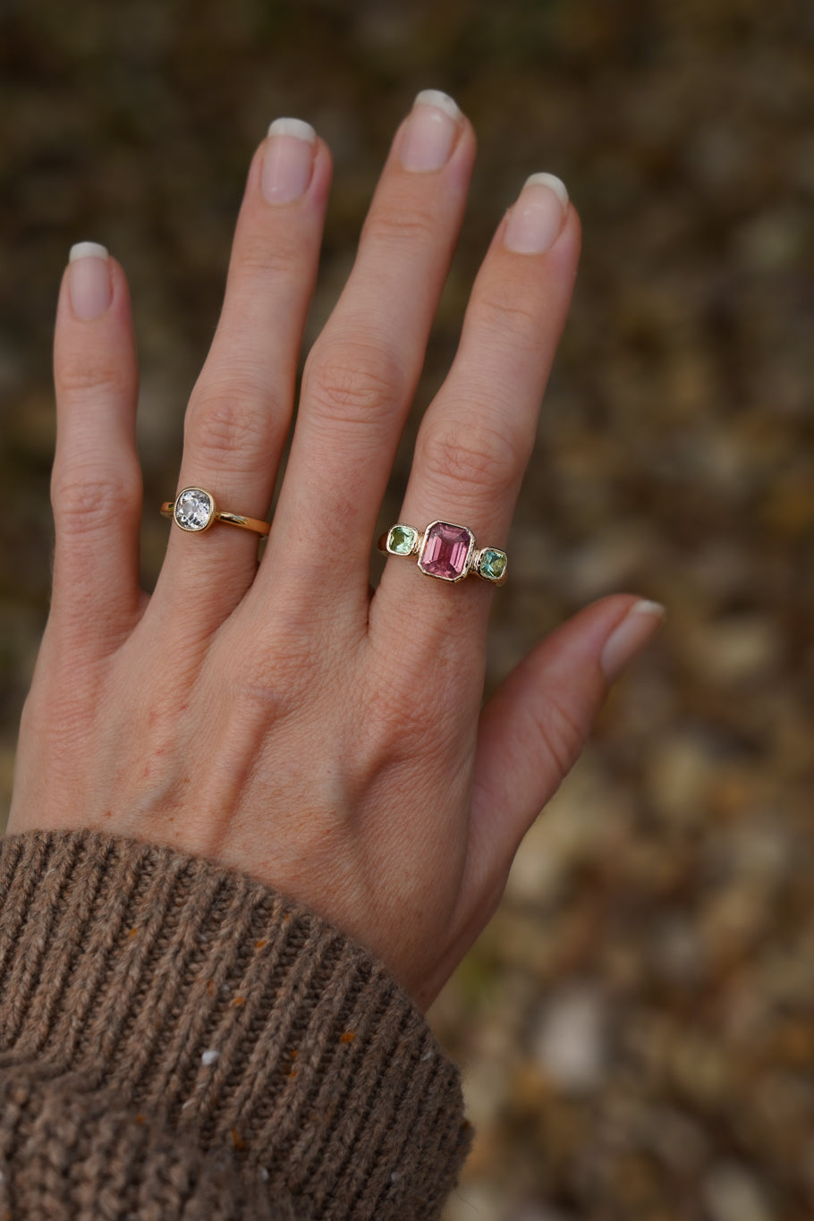 Solid gold pink & green tourmaline trilogy ring