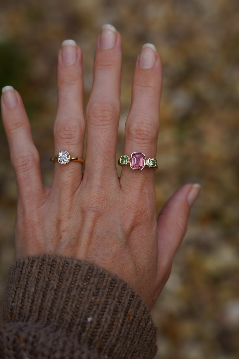 Solid gold pink & green tourmaline trilogy ring