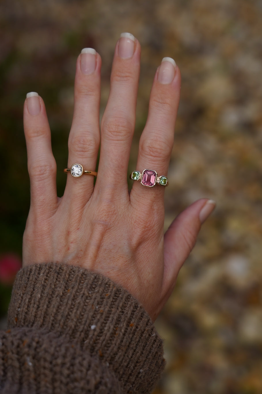 Solid gold pink & green tourmaline trilogy ring