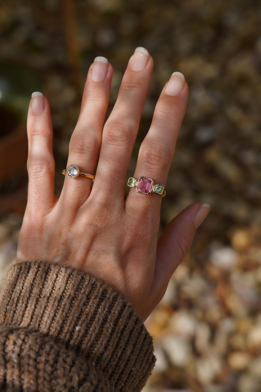 Solid gold pink & green tourmaline trilogy ring