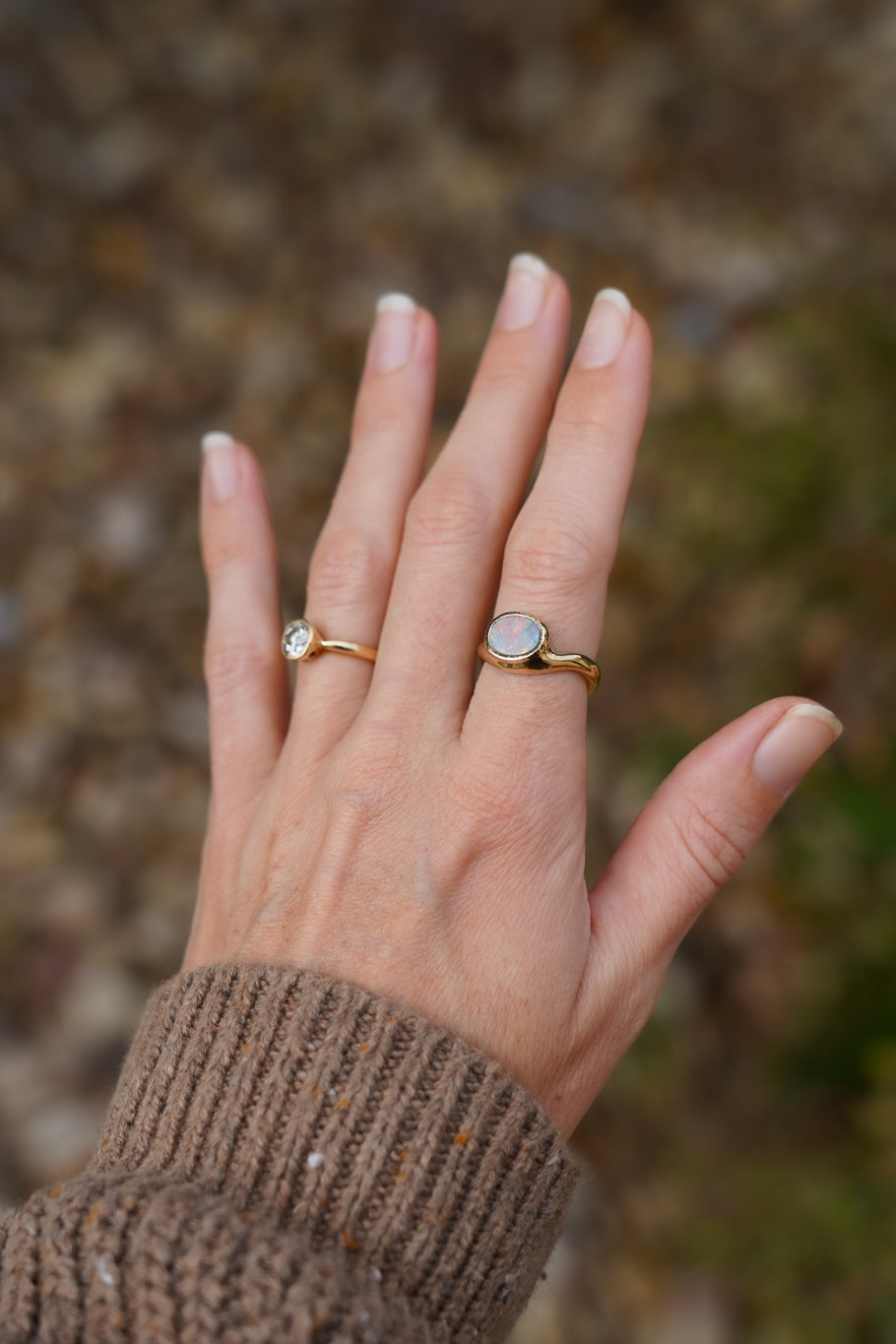 Solid gold pink opal wave ring