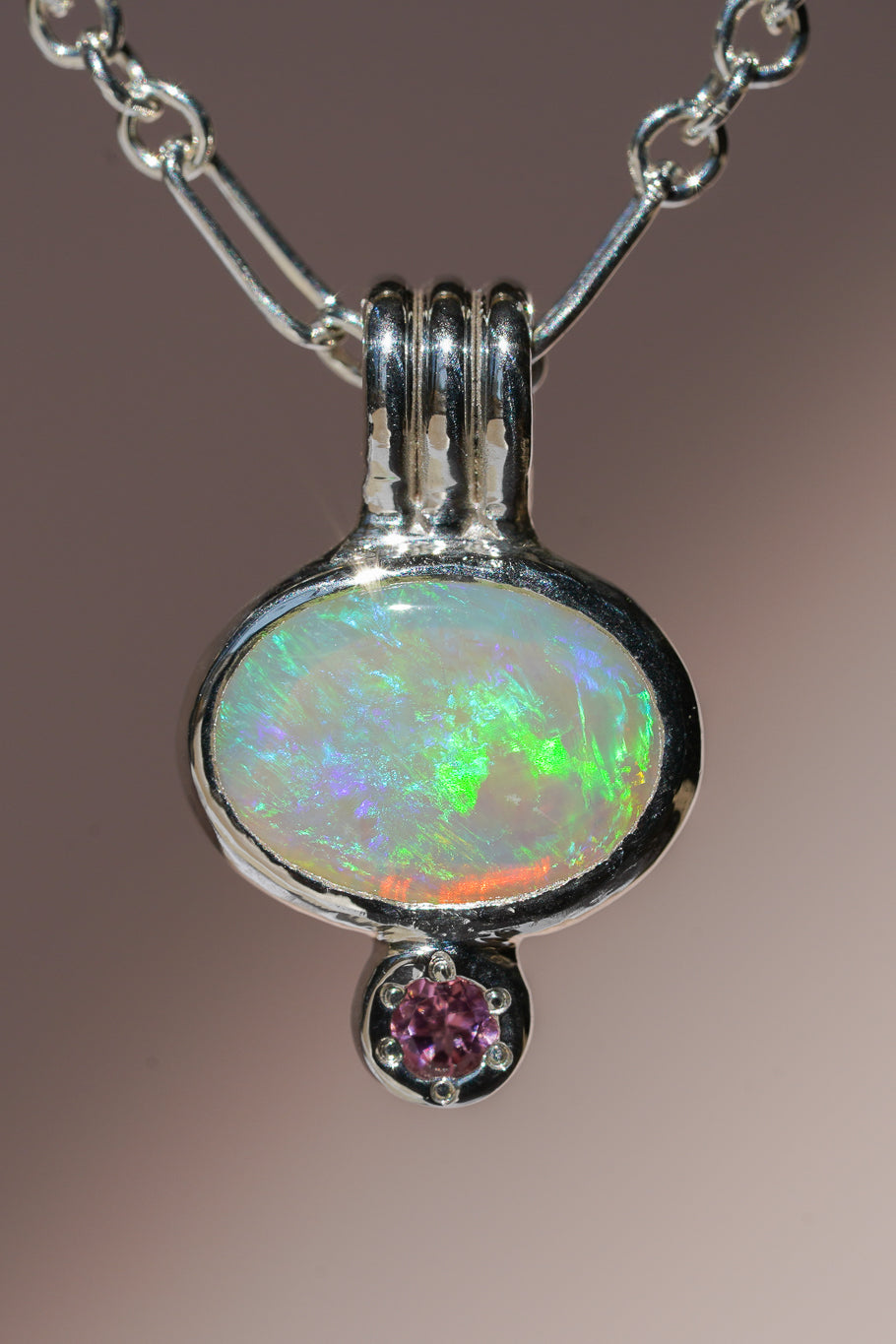 Green crystal opal and tourmaline pendant