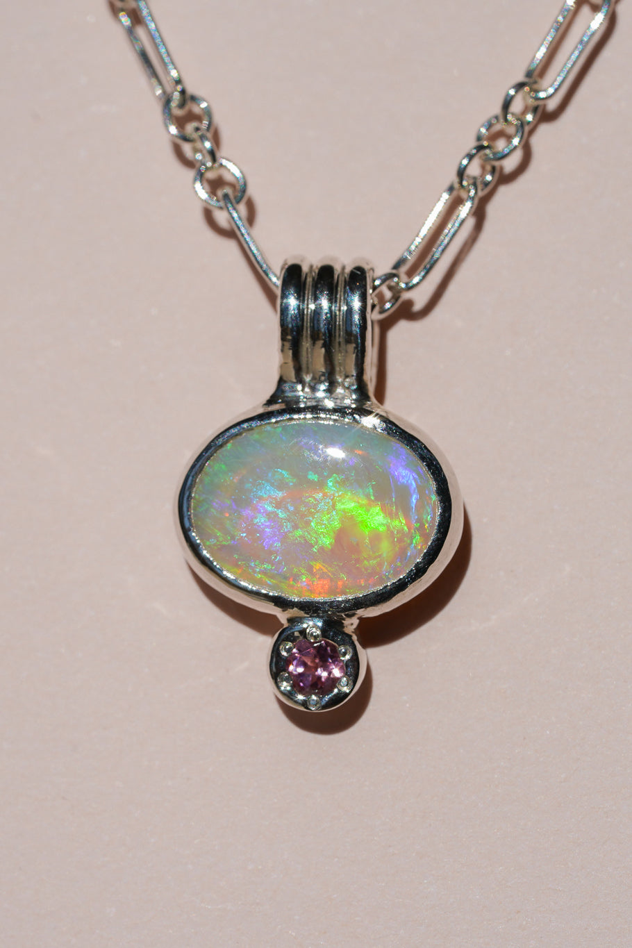 Green crystal opal and tourmaline pendant