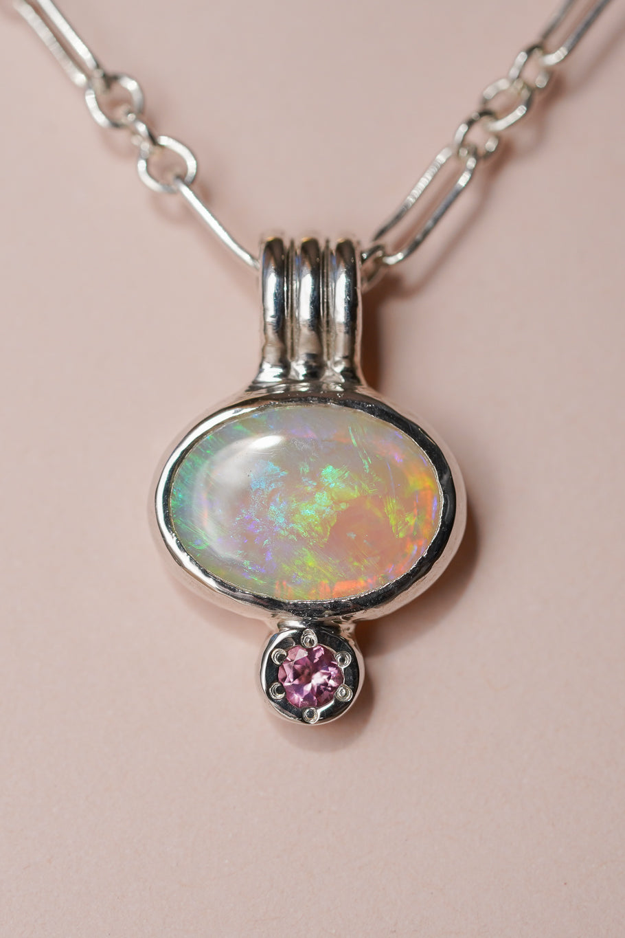 Green crystal opal and tourmaline pendant