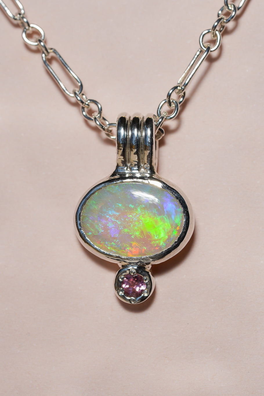 Green crystal opal and tourmaline pendant